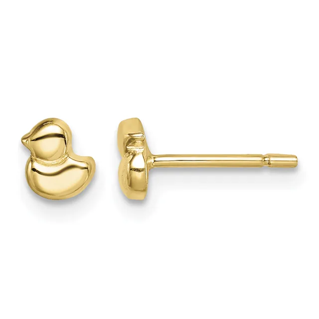 A pair of gold duck-shaped stud earrings shown from front and side views, displayed on posts against a white background.