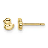 A pair of gold duck-shaped stud earrings shown from front and side views, displayed on posts against a white background.