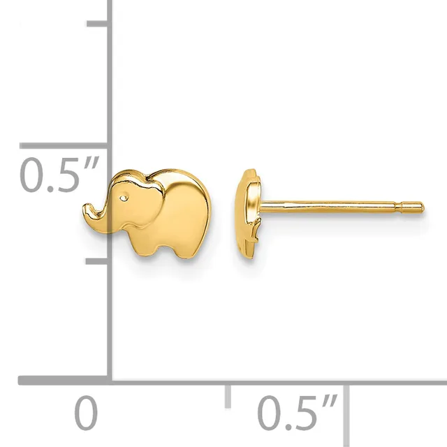 Gold elephant stud earring shown front and back view next to a ruler indicating the earring is approximately 0.5 inches tall.