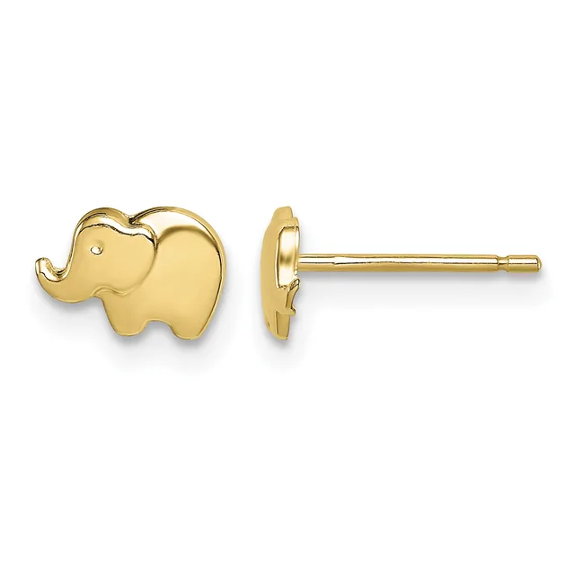 Pair of gold elephant stud earrings shown from front and side view, with posts and backs visible.