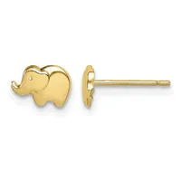 Pair of gold elephant stud earrings shown from front and side view, with posts and backs visible.