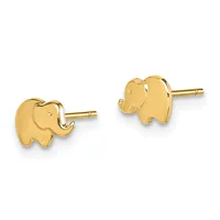 A pair of gold elephant-shaped stud earrings with posts and backs, shown from the front against a white background.