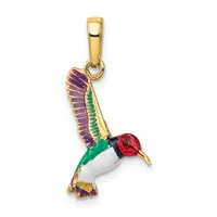 A gold hummingbird pendant with purple and green enamel wings, white enamel body, red enamel head, and gold feet, suspended from a gold bail.