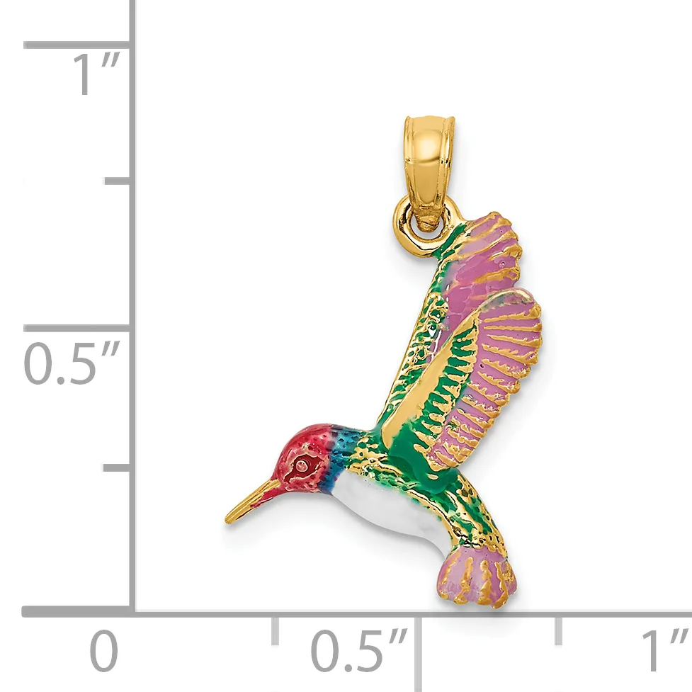 Colorful enameled hummingbird pendant in gold tone metal with purple wings, red head, green body, and white belly, shown next to a measurement scale.
