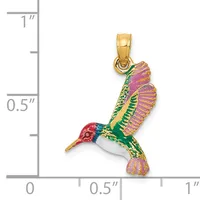 Colorful enameled hummingbird pendant in gold tone metal with purple wings, red head, green body, and white belly, shown next to a measurement scale.