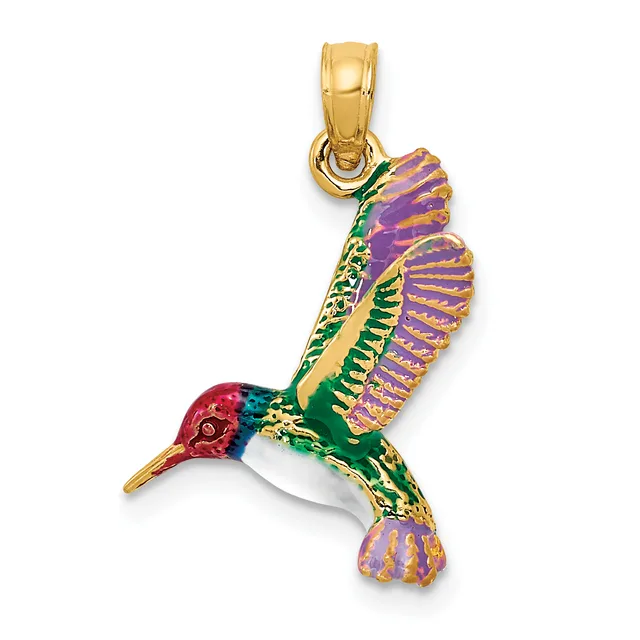 A gold pendant depicting a colorful enameled hummingbird with red head, green body, purple wings, and white belly, suspended from a gold bail.