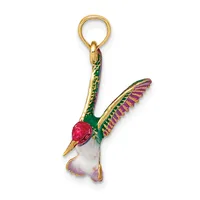 A gold-toned hummingbird charm pendant with enameled details in green, pink, and purple, featuring a red gemstone head and dangling from a ring loop.
