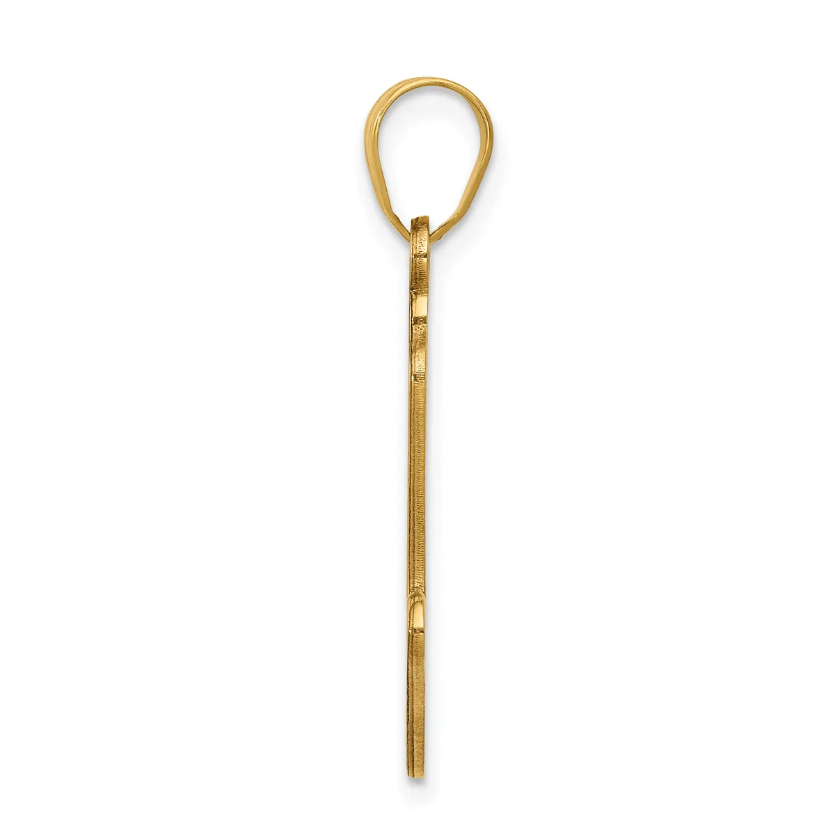 A long, slender gold-toned metal pendant with a teardrop-shaped loop at the top and a thin pointed stem below, shown against a white background.
