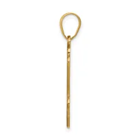 A long, slender gold-toned metal pendant with a teardrop-shaped loop at the top and a thin pointed stem below, shown against a white background.