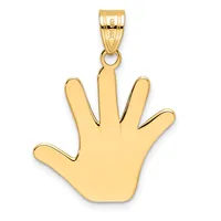 Gold hand-shaped pendant with an open palm design and a small bail loop at the top for hanging on a chain.