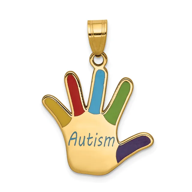 Gold pendant shaped like an open hand with colored fingers in red, blue, green, yellow, and purple, with "Autism" written on the palm.
