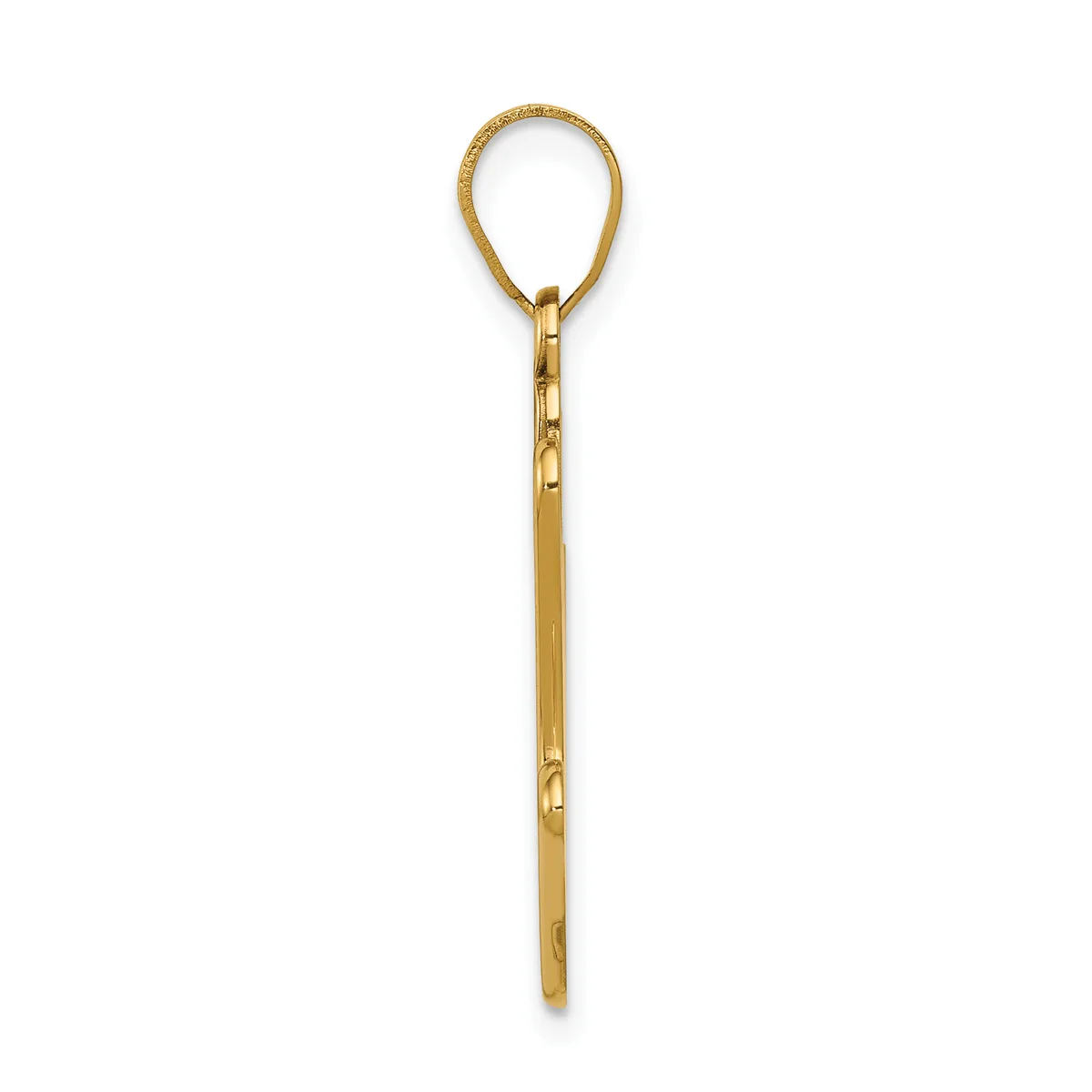 A gold teardrop-shaped pendant with an attached chain and small hallmark, displayed against a white background.