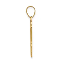 A gold teardrop-shaped pendant with an attached chain and small hallmark, displayed against a white background.
