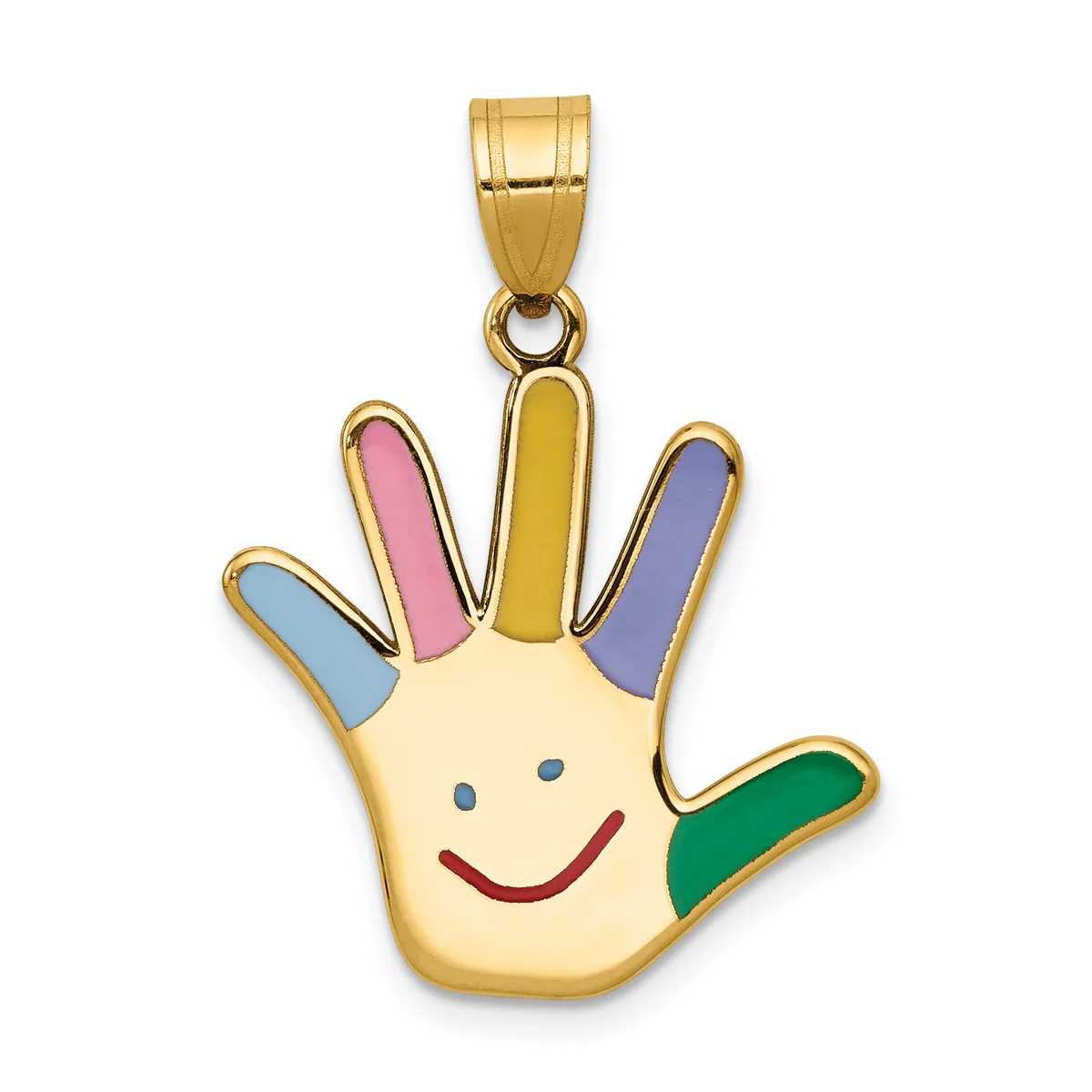 Gold pendant shaped like a smiling hand with each finger enameled in different pastel colors: blue, pink, yellow, purple, and green, with a cream-colored palm and small hallmark.