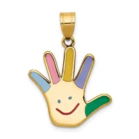 Gold pendant shaped like a smiling hand with each finger enameled in different pastel colors: blue, pink, yellow, purple, and green, with a cream-colored palm and small hallmark.