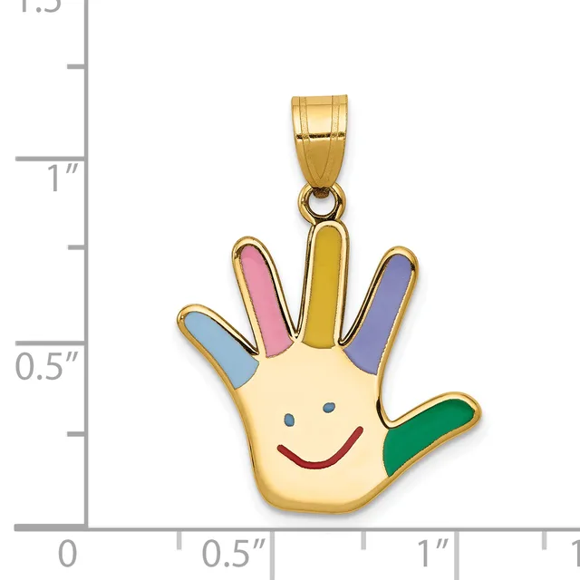 Gold pendant shaped like a smiling hand with colorful enameled fingers in blue, pink, yellow, purple, and green, shown against a measurement scale.