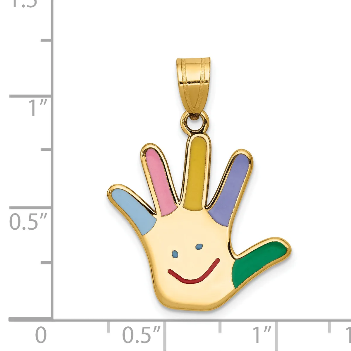 Gold pendant shaped like a smiling hand with colorful enameled fingers in blue, pink, yellow, purple, and green, shown against a measurement scale.