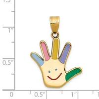 Gold pendant shaped like a smiling hand with colorful enameled fingers in blue, pink, yellow, purple, and green, shown against a measurement scale.