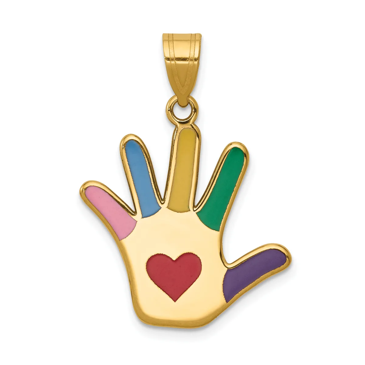 Gold pendant shaped like an open hand with a red heart in the palm and colorful enamel stripes on each finger in pink, blue, yellow, green, and purple.