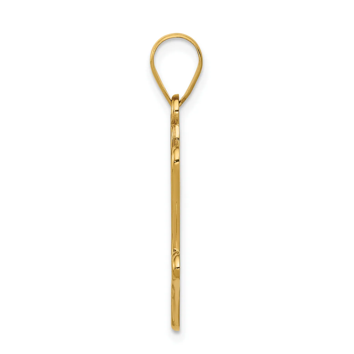 A long, thin gold teardrop-shaped pendant with a polished finish and small decorative notches along the stem.