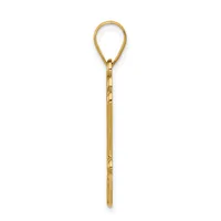 A long, thin gold teardrop-shaped pendant with a polished finish and small decorative notches along the stem.