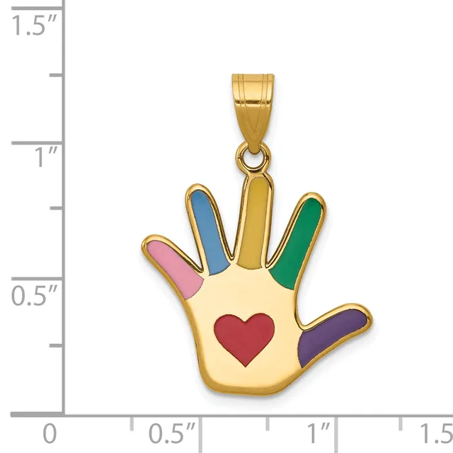 Gold pendant shaped like an open hand with colorful enameled fingers in pink, blue, yellow, green, and purple, and a red heart in the palm.
