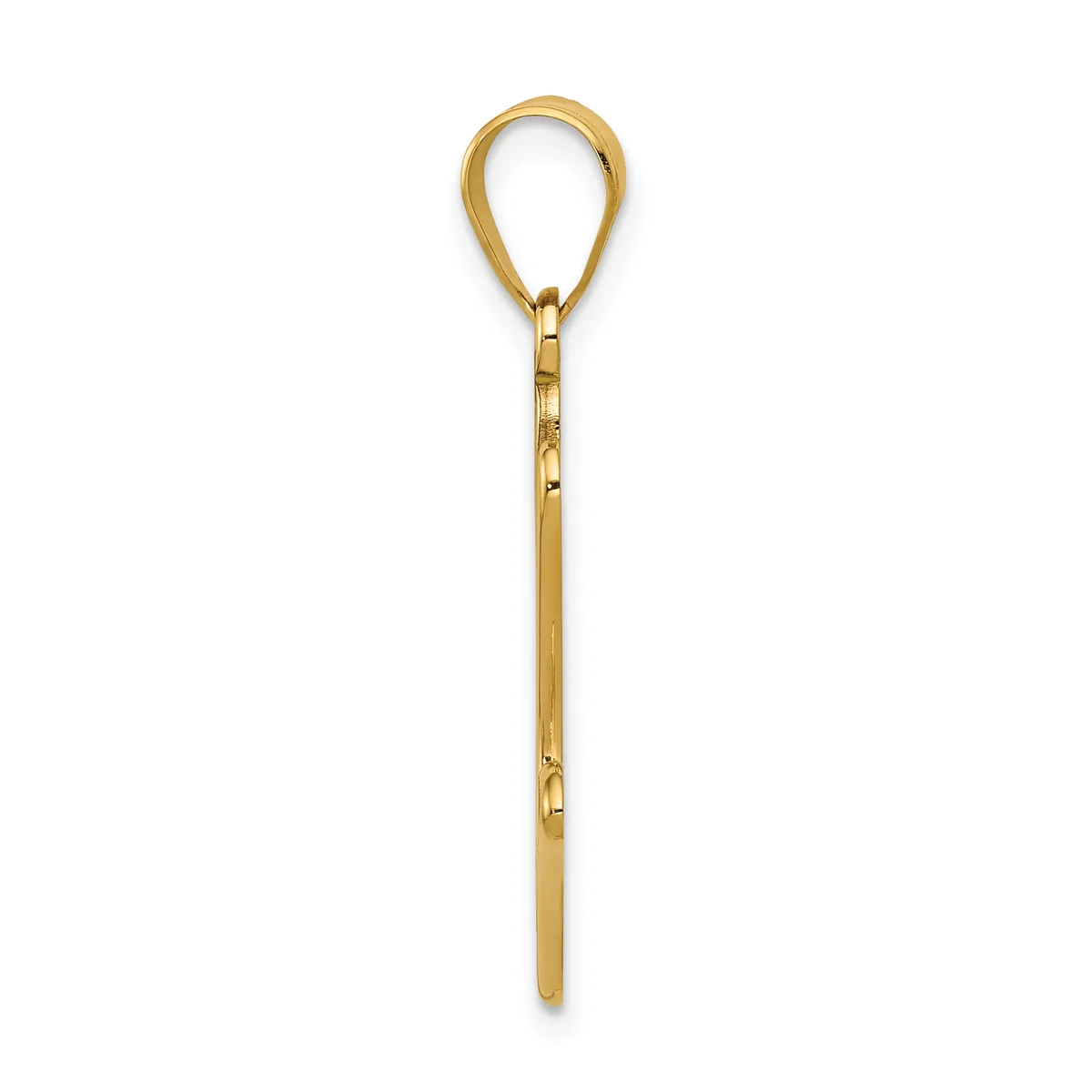 A gold-colored metal loop pendant with an elongated shaft, shown vertically against a white background.