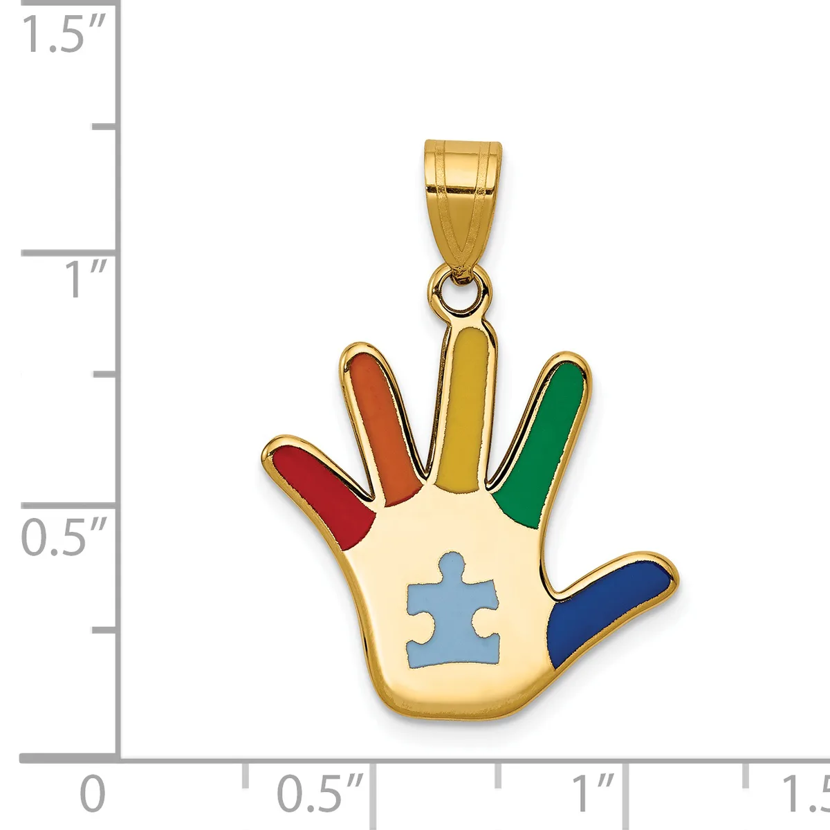 Gold-toned hand-shaped pendant with colorful enameled fingers in red, orange, yellow, green, and blue, and a light blue puzzle piece in the center of the palm, shown next to a ruler.
