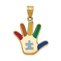 Gold-toned pendant shaped like an open hand with colored fingers in red, orange, yellow, green, and blue, and a light blue puzzle piece symbol on the palm.