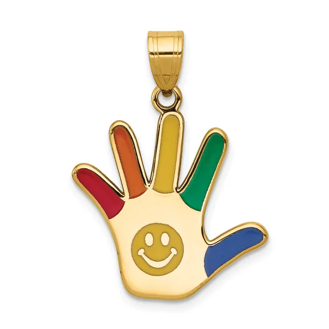 Gold pendant shaped like an open hand with a smiley face in the center and each finger enameled in red, orange, yellow, green, and blue.