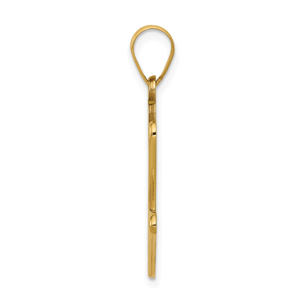 A gold-toned metal pendant with a teardrop-shaped loop at the top and a long straight stem below, shown against a white background.