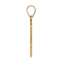 A gold-toned metal pendant with a teardrop-shaped loop at the top and a long straight stem below, shown against a white background.