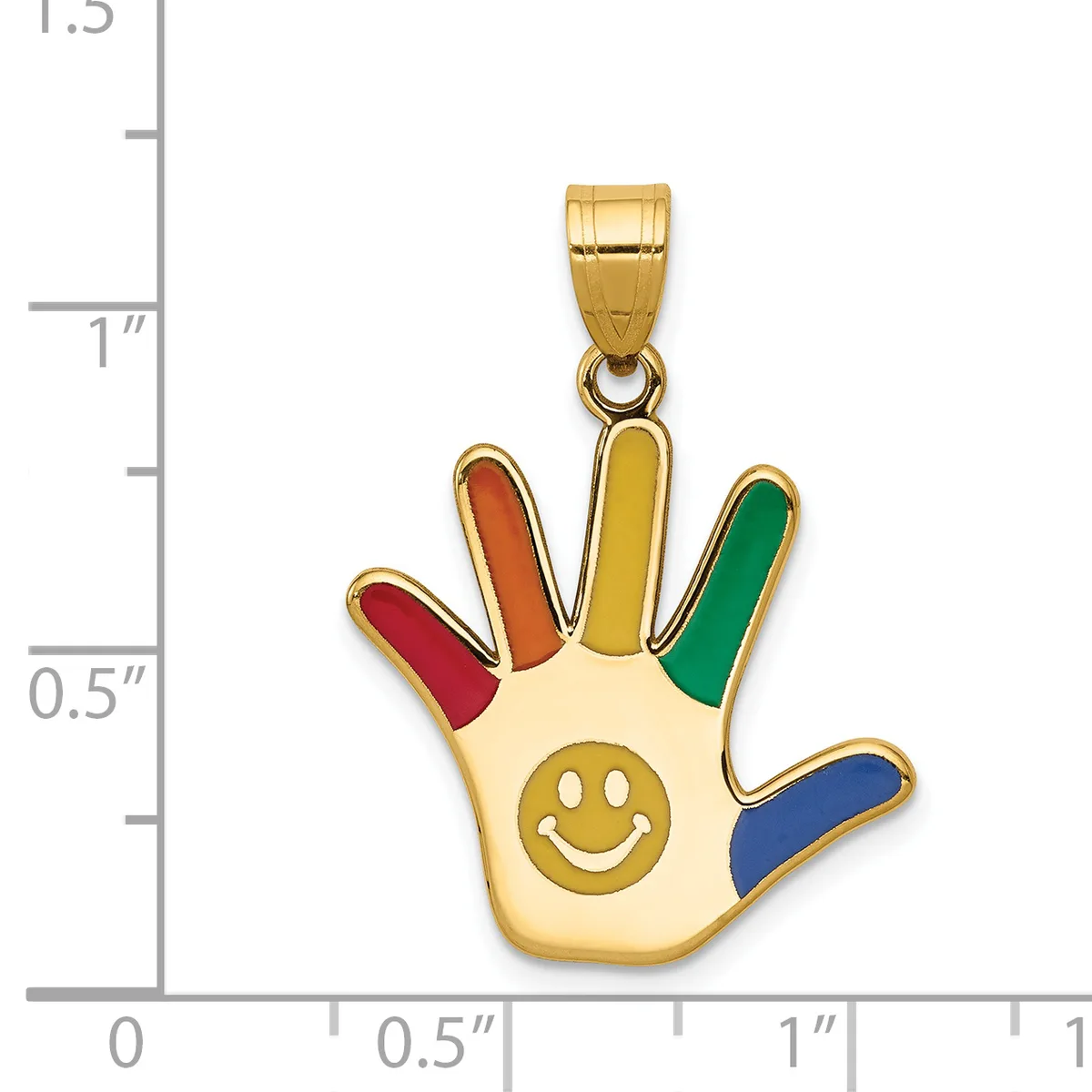 Gold-toned pendant shaped like an open hand with a smiling face in the palm and five fingers outlined in red, orange, yellow, green, and blue enamel.