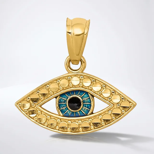 Gold eye-shaped pendant with textured gold border, blue and black enamel iris, and a small stamped hallmark, suspended from a gold bail.