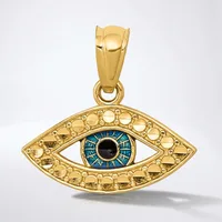 Gold eye-shaped pendant with textured gold border, blue and black enamel iris, and a small stamped hallmark, suspended from a gold bail.