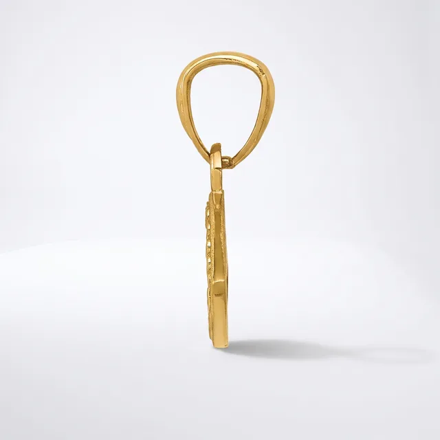 A gold pendant with an oval loop at the top and a rectangular bail below, displayed against a white background.