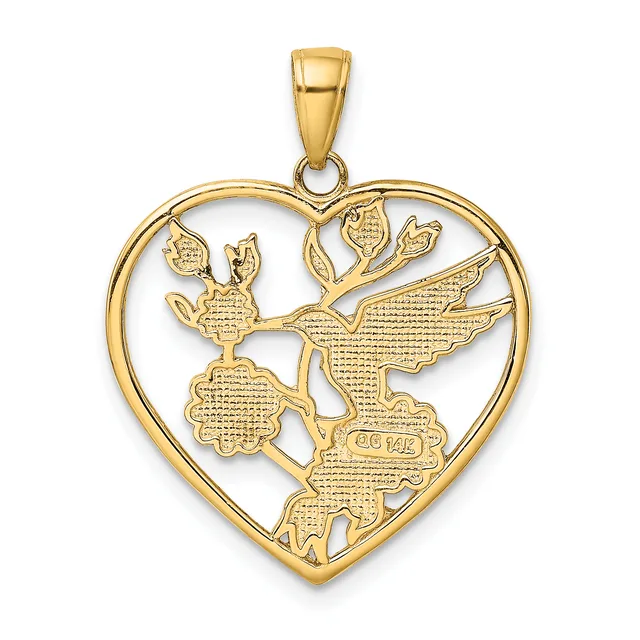 Gold heart-shaped pendant with an openwork design featuring a hummingbird and flowering branches, shown against a white background.