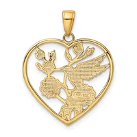 Gold heart-shaped pendant with an openwork design featuring a hummingbird and flowering branches, shown against a white background.