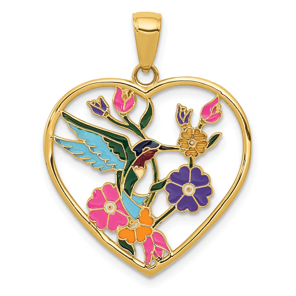 Gold heart-shaped pendant with colorful enameled hummingbird and flowers in pink, purple, orange, and blue, suspended from a gold bail.