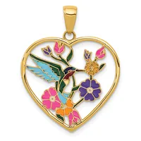 Gold heart-shaped pendant with colorful enameled hummingbird and flowers in pink, purple, orange, and blue, suspended from a gold bail.