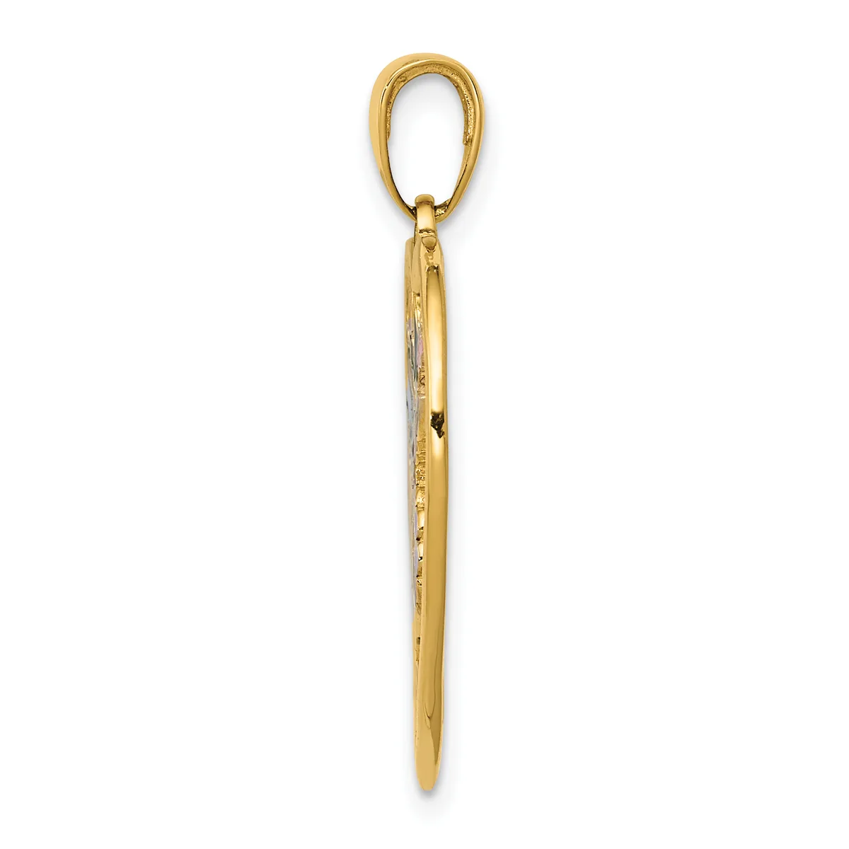 A gold pendant with an oval loop at the top and a tapered pointed bottom, featuring diamond accents along the shaft.