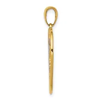 A gold pendant with an oval loop at the top and a tapered pointed bottom, featuring diamond accents along the shaft.