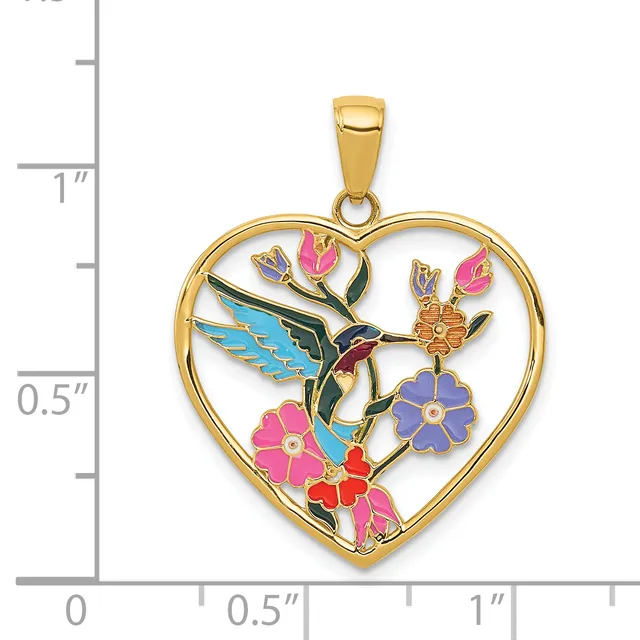 Gold-toned heart-shaped pendant with colorful enamel hummingbird and flowers, shown with measurement scale indicating approximately one inch in height.