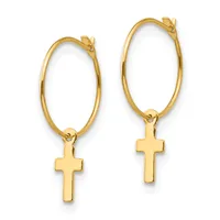 A pair of gold-colored hoop earrings with small cross charms hanging from the bottom of each hoop.