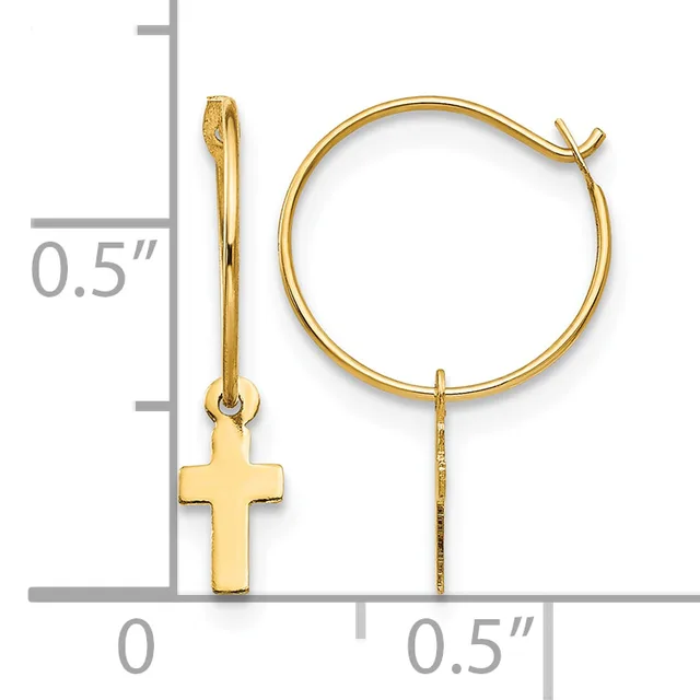 Gold hoop earrings with small cross charms attached, displayed with a measurement scale showing approximately 0.5 inches in diameter.