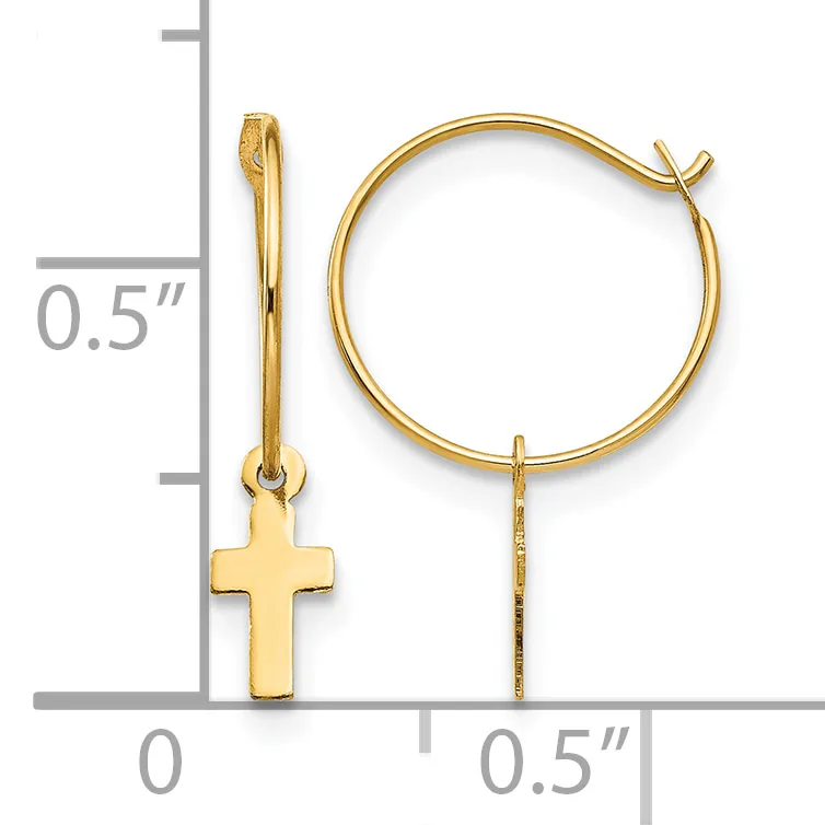 Gold hoop earrings with small cross charms attached, displayed with a measurement scale showing approximately 0.5 inches in diameter.