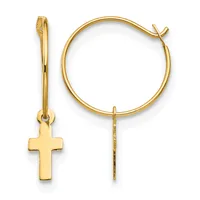 Gold hoop earrings with small cross charms hanging from the bottom against a white background.