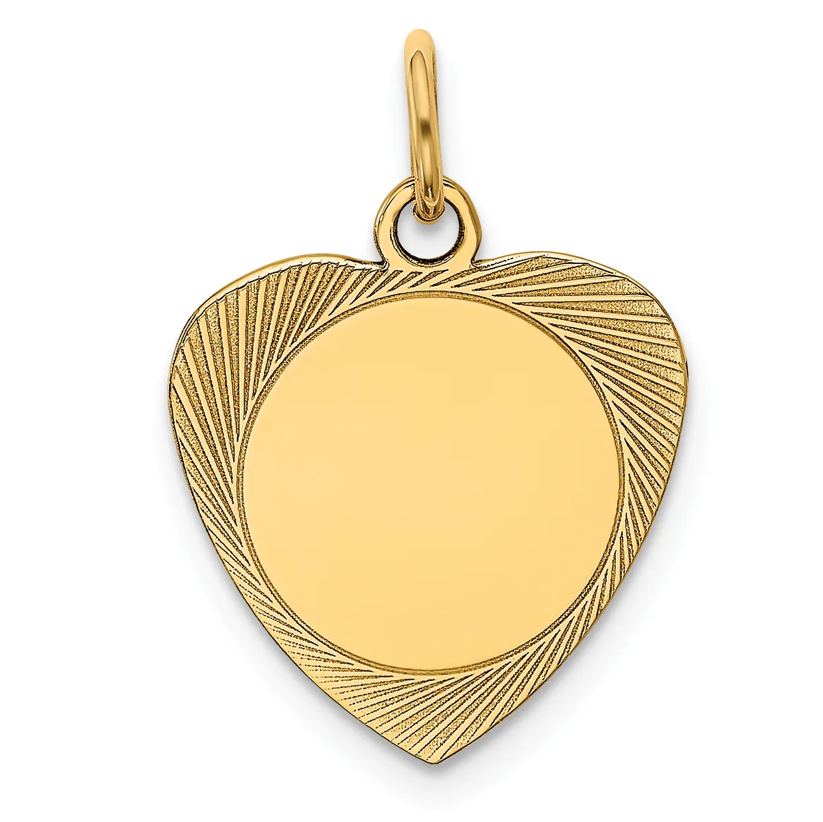 A gold heart-shaped pendant with a polished circular center surrounded by a textured radiating pattern, hanging from a small bail loop.