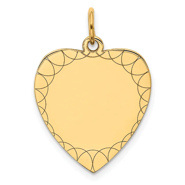 Gold heart-shaped pendant with decorative scalloped border design and a loop bail at the top.