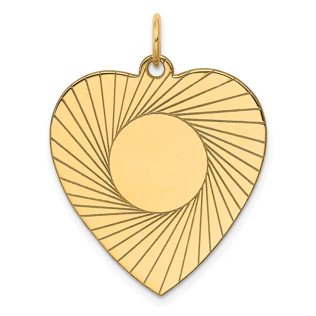 Gold heart-shaped pendant with radiating line pattern and circular cutout in center, suspended from a small loop bail.